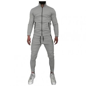 Survêtement gris pour homme avec sweat à capuche zippé et pantalon à cordon de serrage, poches latérales, tenue décontractée d'automne, couleur unie, vêtements de sport en polyester - Product Image 4