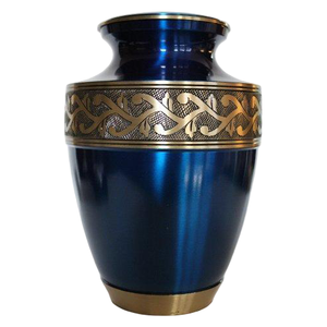Urnas funerarias de latón de alta calidad para adultos con banda grabada, acabado en oro y azul, para cenizas humanas. - Product Image 1