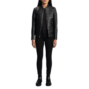 Chaqueta de Motociclista Acolchada de Cuero Genuino Negro para Mujer, Chaqueta de Motociclista con Cuello Alto y Cremallera - Product Image 1