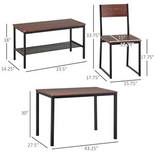 Set da Pranzo Industriale in Legno a 4 Pezzi, Tavolo e Sedie Marrone Rustico con Panca e Scaffale Portaoggetti per Sala da Pranzo - Product Image 3