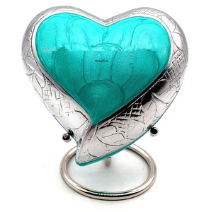 Pequeñas Urnas de Cremación de Aluminio en Forma de Corazón Azul Turquesa, Urnas Decorativas de Lujo con Soporte Metálico, Venta al Por Mayor - Product Image 1