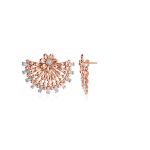Premium Rose Gold Floral Peacock Fan Style Statement Ring with Sparkling CZ and <b>Silver</b> Baguette Stones - Product Image 3