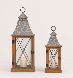 <b>Set</b> of 2 Rustic Farmhouse Wooden <b>Lanterns</b> with Galvanized Metal Top for Indoor Outdoor Home Decor Wedding Table Centerpieces - Product Image 4
