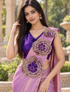 KV Women's Ready to Wear Embroidered Pre Draped Silk Blend <b>Saree</b> Reversible Quick Dry Wrinkle Free Unstitched Blouse (<b>Purple</b>) - Product Image 1