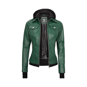 Custom Women's Hooded Lambskin <b>Leather</b> <b>Jacket</b> Comfortable Stylish Removable Hood Solid Pattern Woven Top Manufacturers Exporters - Product Image 1