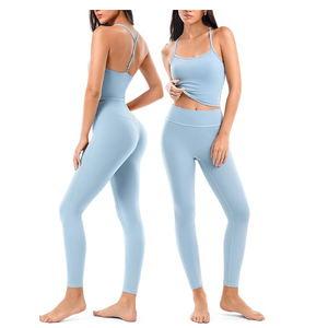 Ensemble de yoga tendance 2 pièces en tissu léger et doux, haut sans manches à col rond et legging taille haute avec fermeture élastique - Product Image 3