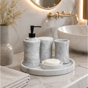 Ensemble d'accessoires de salle de bain en marbre gris naturel de luxe, ensemble de bain en pierre fait main avec distributeur de savon, plateau et porte-brosse à dents - Product Image 2