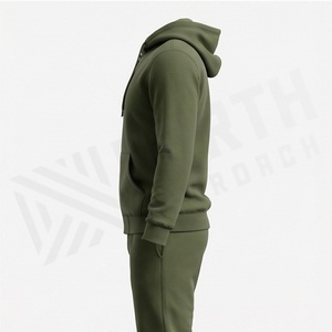 Men's Olive Green Hooded <b>Zip</b>-<b>Up</b> Tracksuit Full Sleeve Solid Color Casual Wear with Side Pockets Midweight 100% Cotton - Product Image 3