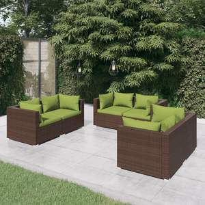 Set Lounge da Giardino in Rattan Marrone con Cuscini Verdi - Product Image 1