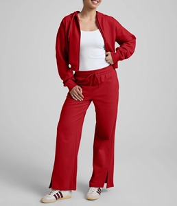 Pantalon de survêtement rouge en coton pour femme, coupe ample longue avec poches latérales, taille à cordon de serrage, ourlet fendu, décontracté, pour le printemps - Product Image 1