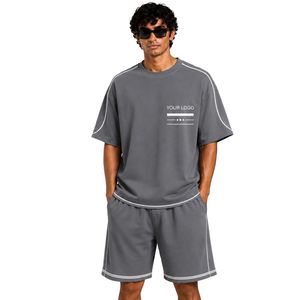 เสื้อยืดโอเวอร์ไซส์สีเทาชาร์โคลสำหรับผู้ชายและกางเกงขาสั้น ชุดเซ็ตแต่งขอบสีขาว ปักโลโก้ได้ คอกลม สไตล์ลำลอง สตรีทแวร์ ขายส่ง - Product Image 1