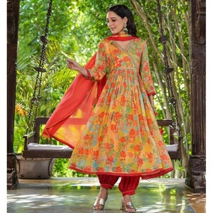 TRENDING CHINON EMBROIDERY PRINT WORK GOWN BOTTOM WITH DUPATTA <b>RED</b> - Product Image 1