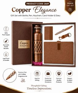 Elegant Copper Corporate Gift Set Pure Copper Bottle Pen Keychain Card Holder PU <b>Leather</b> <b>Diary</b> Personalized Handmade Gifting - Product Image 1