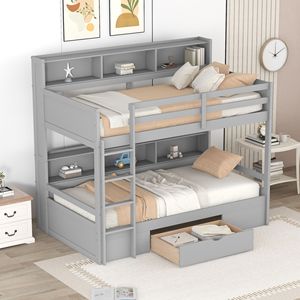 Letto a Castello Singolo Grigio con Scaffali Integrati e Cassetto Portaoggetti, Letti per Bambini con Comodità ed Efficienza Spaziale - Product Image 2