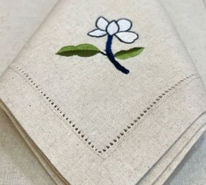 Custom Embroidered White Magnolia <b>Placemats</b> & Napkins Sets Washable Hemstitch Natural Linen Cotton Mats Weddings Home Events - Product Image 3