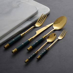 Juego de Cubiertos de Acero Inoxidable Dorado de Lujo con Mango de Mármol Verde Esmeralda, Juego de Vajilla de 24 Piezas para Bodas y Fiestas - Product Image 1