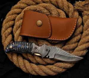 Cuchillo de Bolsillo de Acero de Damasco Hecho a Mano con Mosaico de Madera Exótica y Empuñadura - Servicio OEM Disponible - Product Image 2