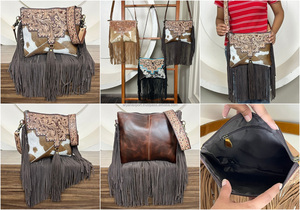 New Trending Designer Large Capacity Hand Tooled Leather Fringe Crossbody Bag Cowhide Zipper Shoulder Handbag Purses <b>for</b> Women's - Product Image 3