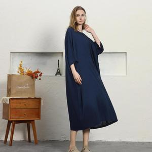 Bohemian Navy Blue Plain Cotton Linen Maxi <b>Dress</b> With O-Neck <b>Loose</b> Fit 3/4 Sleeve Boho Style Summer Casual <b>Dress</b> For Women - Product Image 4