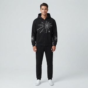 Ensemble survêtement homme noir avec strass et motif toile d'araignée, style gothique premium, deux pièces - Product Image 1