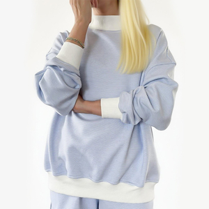 High Quality Custom Women's Sets Soft Cotton Fleece <b>Drop</b> Shoulder Baggy Pullover Mockneck Sweatshirt Winter Autumn Streetwear - Product Image 1