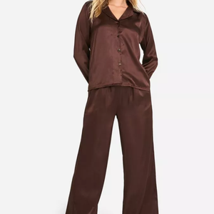 High-quality Women's Solid Stitching Thermal Breathable Soft <b>Summer</b> 100% Silk Velour Long Sleeve <b>Pyjamas</b> Suite Set Drawstring - Product Image 3
