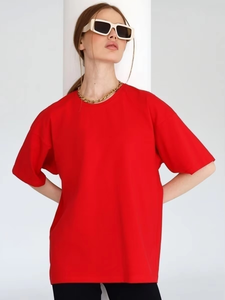เสื้อยืดคอกลมโอเวอร์ไซส์สำหรับผู้หญิง สีเหลือง แขนสั้น ทรงหลวม ผ้าฝ้ายเจอร์ซีย์ถัก 100% สีพื้น ใส่ได้ทุกฤดู - Product Image 3