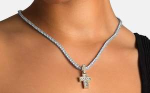 Collier Pendentif Croix en Moissanite Plaqué Or 18K de Luxe, Taille Baguette, Sertissage Canal, Chaîne Corde, Bijoux Chrétiens Unisexe - Product Image 2