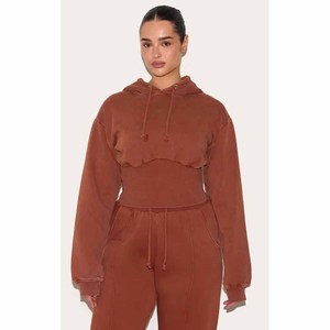 <b>Women's</b> Rust Hooded Cropped Sweatshirt <b>Set</b> Full Sleeve Loose Fit Casual 2-Piece Outfit With Ruffles Knitted Cotton Pants - Product Image 4