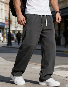<b>Men's</b> Dark Grey Wide Leg Pants Elastic Waist Drawstring <b>Loose</b> Casual <b>Trousers</b> - Product Image 4
