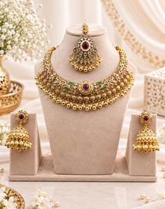 Gold Plated Collar Necklace With Jhumka Earrings & Mang Tika Wholesale Traditional <b>Indian</b> Jewelry <b>Set</b> Bridal Copper Jewelry <b>Sets</b> - Product Image 1