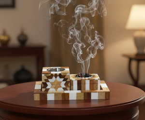 Quemadores de incienso hechos a mano con madera y resina, con bandeja para bakhoor de dos tamaños. - Product Image 1