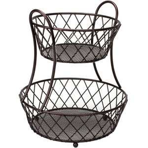 Cesta de Almacenamiento Metálica Vintage de 2 Niveles, Cesta Redonda de Alambre Negro con Soporte para Exhibición de Artículos de Cocina, Cesta Decorativa - Product Image 1