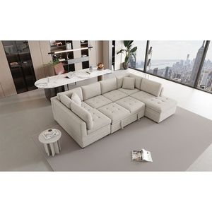 Divano Letto Sezionale a U Oversize Beige da 300 cm con Due Cuscini Decorativi e Sezione Estraibile per Soggiorno - Product Image 3