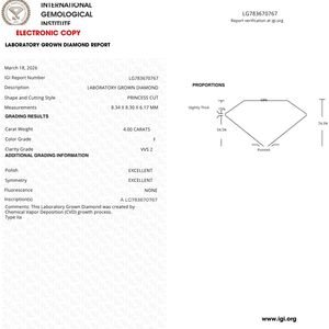 Diamant de laboratoire taille princesse 4,00 ct couleur F VVS2 - Product Image 3