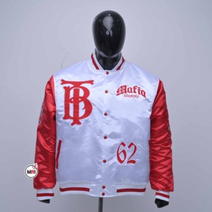 เสื้อแจ็คเก็ตวาร์ซิตี้สีขาวสำหรับผู้ชาย ปักลายตัวอักษร แขนเสื้อสีแดง สไตล์ลำลอง ระบายอากาศได้ดี ทันสมัย ปกเสื้อพับได้ ผลิตจากวัสดุโพลีเอสเตอร์ - Product Image 1