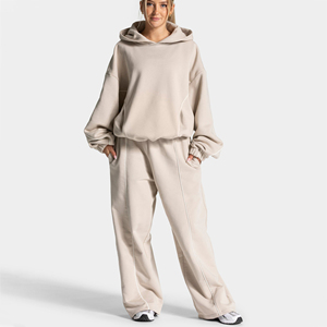 Sweat-shirt décontracté pour femme, couleur beige, coupe ample, en molleton de coton premium respirant, avec détails contrastants, OEM - Product Image 4