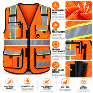 Gilet de sécurité haute visibilité orange pour homme, en maille réfléchissante, multi-poches, logo personnalisé, vêtements de travail - Product Image 6