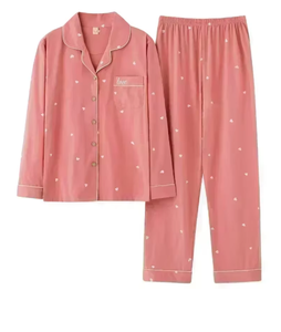 High Quality Large Size Women Cotton Pajamas Button down Tops and <b>Trousers</b> Set Sleepwear Homewear Printing Nightwear Loungewear - Product Image 1