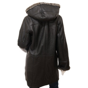 Women's Genuine Shearling <b>Leather</b> <b>Coat</b> <b>With</b> <b>Fur</b> Trim Hood Long Winter Jacket Windproof Full Sleeve Thick <b>Fur</b> Lining - Product Image 2