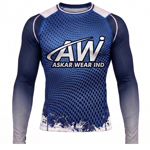 เสื้อ Rash Guard แขนยาวสำหรับผู้ชาย ยี่ห้อ Askar Wear ลายพิมพ์ Sublimation แห้งเร็ว ดีไซน์โลโก้ด้านหน้า สีน้ำเงิน-เทา - Product Image 1