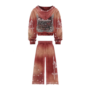 Ensemble de survêtement femme bordeaux délavé avec strass squelette, comprenant un sweat à capuche court zippé et un pantalon large, style gothique Y2K streetwear, deux pièces tendance - Product Image 3