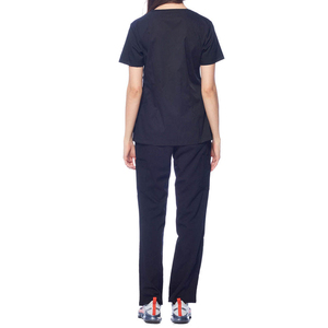 Blusa Sanitaria Negra con Cuello en V para Mujer, Detalles Rosados, Tejido de Spandex/Poliéster, Conjunto de Uniforme Sanitario para Hospital, Bolsillos, Costuras sin Costuras - Product Image 6