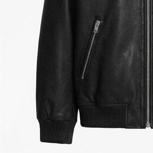 Blouson aviateur en cuir véritable noir pour homme, col rabattu, fermeture éclair, manteau décontracté d'automne - Product Image 3