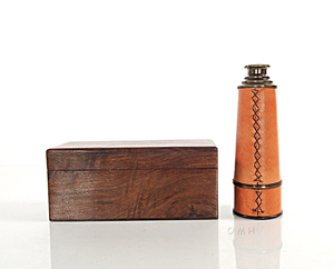 Handheld Telescope in <b>Wood</b> <b>Box</b>-Brown Leather Engraved Multifunction Design - Product Image 3