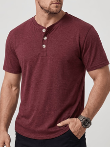 Men's Short Sleeve Henley T-Shirt Solid Color Knitted Cotton Casual Regular Fit Breathable V-neck Maroon Jersey Button-Up - Product Image 4