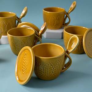 Beige Ceramic Magic <b>Mug</b> Set Microwave Safe Soup <b>Mug</b> with Lid and Spoon Sublimation Blank for <b>Tea</b> (Set of 6) - Product Image 3