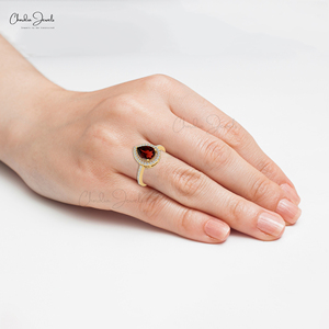 Anillo de Oro Amarillo Sólido de 14K de Alta Gama 2026 con Halo de Diamantes y Granate Real Corte Pera de 8x6mm, Regalo de Aniversario de Bodas, Anillo Étnico - Product Image 4