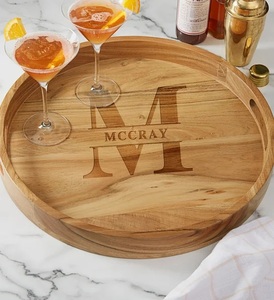 Personalized Acacia Wood Round Serving Tray Custom Engraved Raised Edge Durable Ottoman <b>Coffee</b> <b>Table</b> and jewelry organizer tray - Product Image 4