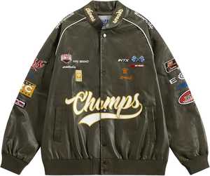 <b>Men</b> Vintage <b>Racing</b> Varsity <b>Jacket</b> PU Leather Look Bomber Coat Patchwork Button Front Streetwear Outerwear - Product Image 1